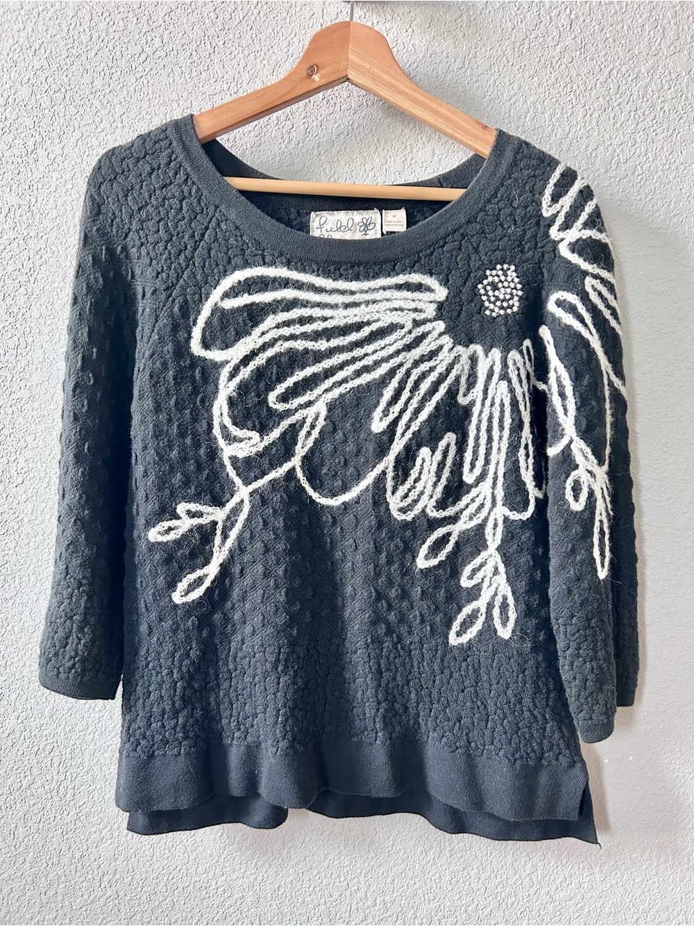Anthropologie Field Flower Ivory Bloom Sweater Size Medium Black Cashmere Blend